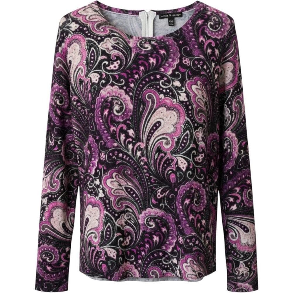 Cable & Gauge Womens Purple Paisley Long Sleeve Sweater Back Zip Size Medium